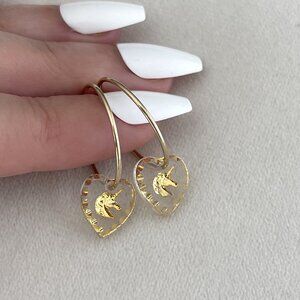 Solid 14K Yellow Gold Hoop Earrings with Vintage 90s Y2K Unicorn Intaglio Heart